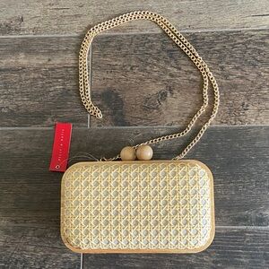 Kelly & Katie Woven Cream Clutch with Gold Chain  NWT with some cracking in wood